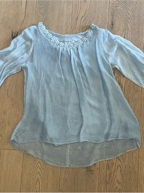 M&G Women's Light Blue Top Embellished with a Floral Neckline
